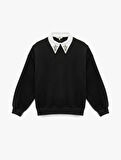 Üç İplik Uzun Kollu Taş Detaylı Gömlek Yaka Sweatshirt