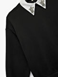 Üç İplik Uzun Kollu Taş Detaylı Gömlek Yaka Sweatshirt