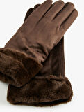 Suni Kürk Detaylı Süet Görünümlü Eldiven
