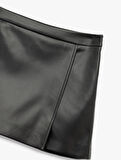 Slim Fit Suni Deri Mini Şort Etek