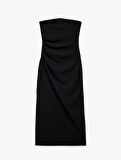 Krep Scuba Kumaş Slim Fit Drape Detaylı Straplez Kalem Elbise
