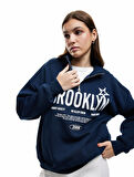Şardonlu Uzun Kollu Baskılı Yarım Fermuarlı Oversize Sweatshirt