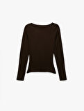 Pamuklu Slim Fit Kayık Yaka Drapeli Uzun Kollu Tişört