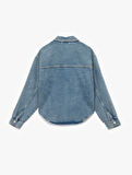 Klasik Yaka Uzun Kollu Pamuklu Düğmeli Cepli Taşlı Denim Ceket