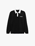 Uzun Kollu Pamuklu Düğmeli Nakışlı Renk Kontrastlı Polo Yaka Sweatshirt