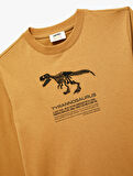 Dinozor Baskılı Uzun Kollu Bisiklet Yaka Pamuklu Tişört