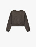Baskılı Uzun Kollu Bisiklet Yaka Crop Sweatshirt