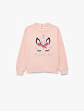 Simli Unicorn Baskılı Şardonlu Uzun Kollu Bisiklet Yaka Sweatshirt