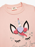 Simli Unicorn Baskılı Şardonlu Uzun Kollu Bisiklet Yaka Sweatshirt