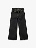 Kuşgözü Detaylı Pamuklu Kemerli Geniş Paça Denim Pantolon