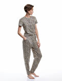 Rahat Kalıp Cepli Leopar Desenli Pijama Altı