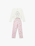 Tavşan Baskılı Uzun Kollu Bisiklet Yaka Pamuklu Pijama Takımı