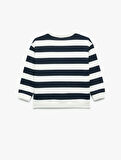 Pamuklu Şardonlu Uzun Kollu Bisiklet Yaka Çizgili Sweatshirt