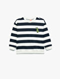 Pamuklu Şardonlu Uzun Kollu Bisiklet Yaka Çizgili Sweatshirt