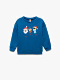 Bisiklet Yaka Uzun Kollu Pamuklu Yılbaşı Baskılı Sweatshirt