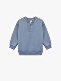 Düğme Detaylı Uzun Kollu Bisiklet Yaka Basic Sweatshirt