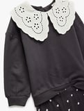 Brodeli Bebe Yaka Uzun Kollu Pamuklu 2'li Sweatshirt Pantolon Takım
