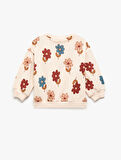 Çiçek Desenli Uzun Kollu Bisiklet Yaka Sweatshirt