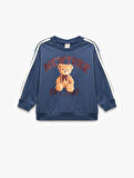 Şardonlu Uzun Kollu Ayıcık Baskılı Bisiklet Yaka Sweatshirt