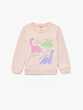 Uzun Kollu Bisiklet Yaka  Dinozor Baskılı Şardonlu Pamuklu Sweatshirt