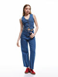 Geniş Kesik Paça Düğmeli Normal Bel Kot Pantolon - Culotte Jean