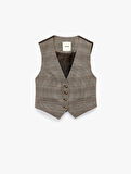 Slim Fit Düğmeli V Yaka Crop Ekose Blazer Yelek