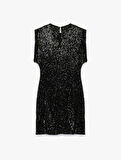 Slim Fit Kısa Yarasa Kollu Bisiklet Yaka Payetli Mini Elbise