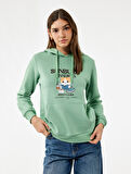 Kanguru Cep Detaylı Şardonlu Kedi Baskılı Kapüşonlu Sweatshirt