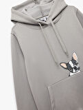 Köpek Baskılı Şardonlu Kanguru Cepli Kapüşonlu Sweatshirt