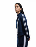 Şardonlu Uzun Kollu Dar Kesim Dik Yaka Fermuarlı Çizgili Sweatshirt
