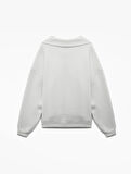 Şardonlu Uzun Kollu Yarım Fermuarlı Yaka Nakışlı Oversize Sweatshirt
