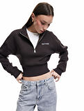 Pamuklu Yarım Fermuarlı Şardonlu Baskılı Crop Sweatshirt