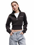 Pamuklu Yarım Fermuarlı Şardonlu Baskılı Crop Sweatshirt