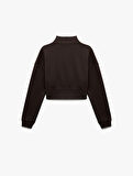 Pamuklu Yarım Fermuarlı Şardonlu Baskılı Crop Sweatshirt