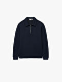Uzun Kollu Basic Dokulu Yarım Fermuarlı Polo Yaka Sweatshirt
