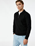 Uzun Kollu Basic Dokulu Yarım Fermuarlı Polo Yaka Sweatshirt