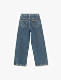 Yüksek Bel Pamuklu Bol Kalıp Çiçek İşlemeli Geniş Paça Denim Pantolon