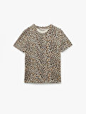 Kısa Kollu Bisiklet Yaka Leopar Desenli Crop Pijama Üstü
