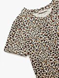 Kısa Kollu Bisiklet Yaka Leopar Desenli Crop Pijama Üstü