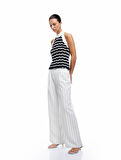 Viskon Çizgili Cepli Geniş Paça Palazzo Pantolon