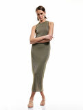 Skinny Fit Bisiklet Yaka Parıltılı Kolsuz Uzun Kalem Bodycon Elbise