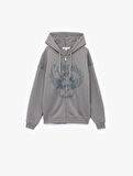 Uzun Kollu Kapüşonlu Fermuarlı Baskılı Oversize Sweatshirt