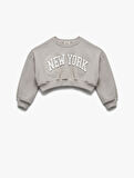 Uzun Kollu Bisiklet Yaka Şardonlu Baskılı Crop Sweatshirt