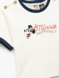 Minnie Mouse Lisanslı Biyeli Bisiklet Yaka Baskılı Tişört