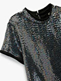 Kısa Kollu Bisiklet Yaka Pullu Payetli Bluz