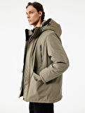 Uzun Kollu Kapaklı Cep Detaylı Fermuarlı Kapüşonlu Parka