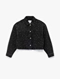 Uzun Kollu Klasik Yaka Cep Detaylı Crop Taşlı Denim Ceket