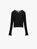 Slim Fit Uzun Kollu Bisiklet Yaka Dantel Bluz