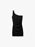 Drape Detaylı Krep Scuba Kumaş Tek Omuz Mini Elbise
