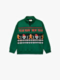 Şardonlu Uzun Kollu Yılbaşı Temalı Yarım Fermuarlı Dik Yaka Baskılı Sweatshirt